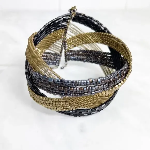 Metallic Tones Criss Cross Beaded Cuff Bracelet - Picture 3 of 6